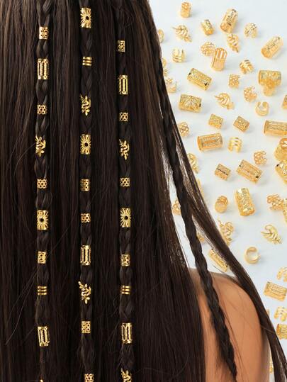 60件套复古波西米亚风合金发圈套装 - 镂空圆形发饰，适合女性和女孩，优雅纯色编织发饰，可用于DIY发型设计