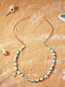 1pc Bohemian Style White Turquoise Shell Decor Waist Chain, Golden Starfish Waist Accessory, Suitable For Swimwear And Vacation In Summer - Multicolor - View 5