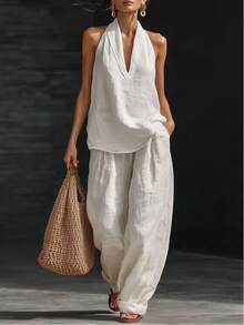 Women Halter Neck Loose Top And Wide Leg Pants Two Piece Set - 白色 - 查看 2