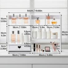 Multi-Layer Desktop Shelf Organizer With Drawer, Elevated Desk Storage Rack For Office, Bookcase Display & Cosmetic Storage For Home - White - View 2