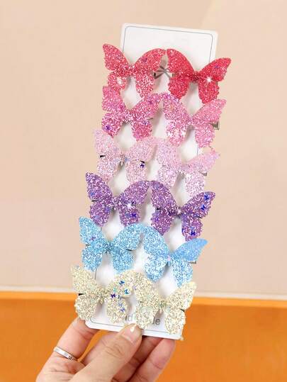 12/6 pezzi Set di fermagli per capelli a farfalla con glitter iridescenti, materiale con glitter iridescenti, design a gradiente multicolore, molletta in plastica non dannosa - adatto per ragazze e donne, per uso quotidiano, scuola, feste di compleanno, performance di festival, servizi fotografici di viaggio e altri scenari