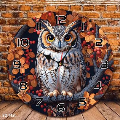 10/ 12inch Silent Non-Ticking Owl-Themed Autumn Leaf And Berry Wall Clock - Wooden Battery-Powered Round Clock, Suitable For Rooms, Baby Rooms, Kitchens, Classrooms, Offices, Requires AA Batteries (Batteries Not Included), 2D Flat Design,Battery Operated Wall Clock,Battery Wall Clock,Silent Wall Clock,Reloj De Pared,Room Decor,Clock