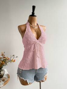Rusttydustty Women's Backless Bohemian Style Music Festival Halter Top Summer - Baby Pink - View 5