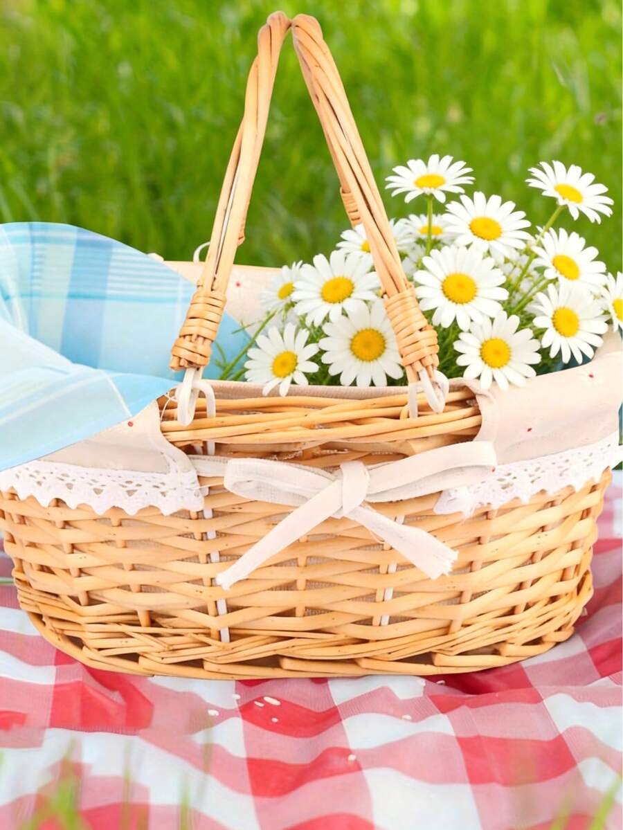 1pc Oval Woven Picnic Basket, Removable Lining, Suitable For Weddings And Gatherings, Sturdy And Lightweight, Applicable For Easter, Picnics, Gifts, Home Decor And Storage
