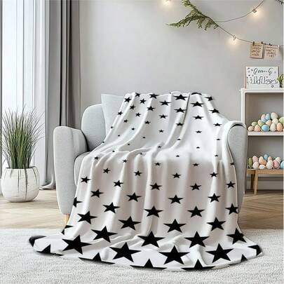 1 pieza Manta con degradado de blanco y negro con diseño de cinco estrellas - Manta de forro polar para sofá - Manta de cama para dormitorio - Manta para siesta. Adecuada para todas las estaciones. Suave, ligera y cálida. Perfecta para usar en sofás, camas o al aire libre - Un excelente regalo de cumpleaños y festividad para familiares y amigos.