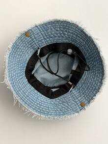 1 pieza Sombrero de cubo de mezclilla deshilachado con cordón ajustable - Gorra de estilo vintage - bolsillo deshilachado de la época - Ver 8
