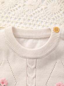 Baby Girls' Floral Embroidery Pattern Breathable Knit Short Sleeve Romper, Summer - Beige - View 2