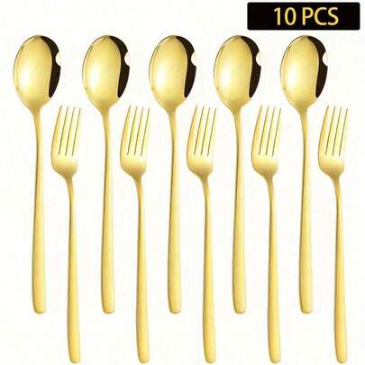 Bộ 10 thìa và dĩa bằng thép không gỉ, có màu vàng và bạc, kiểu dáng Hàn Quốc, thích hợp cho nhà bếp và phòng ăn.