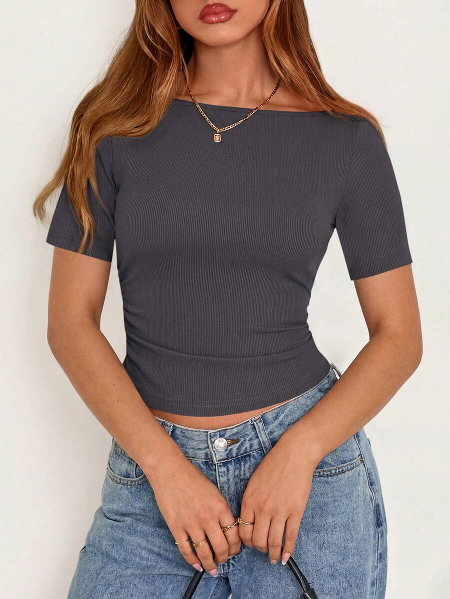 Fall New Arrival Women's Long-Sleeve Top Crop-Top Style Casual Outerwear Boat Neck With Bell Sleeves Ribbed Pleated Design Millennial-Inspired Fashion - 深灰色 - 查看 1