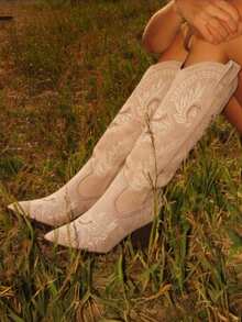 Khaki Cowgirl Outfits For Women Boots Knee High Pointed Toe Thick Heels Festival Shoes Fashion Country Concert Combat Boots For Women - 卡其色 - 查看 1