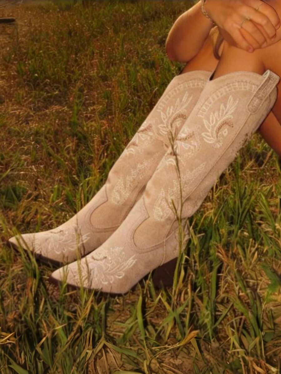 Khaki Cowgirl Outfits For Women Boots Knee High Pointed Toe Thick Heels Festival Shoes Fashion Country Concert Combat Boots For Women - 卡其色 - 查看 1