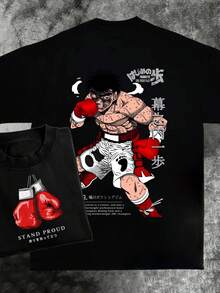 Pure Cotton Mens Anime T Shirt Featuring Dynamic Boxing Art For Otaku Fans And Anime Enthusiasts With Unique Flair And Geek Groove Style Casual Streetwear For Fashion Forward Men - 黑色 - 查看 1