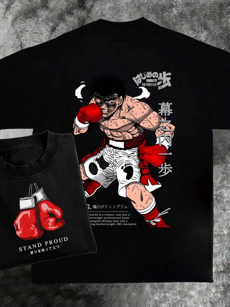 Pure Cotton Mens Anime T Shirt Featuring Dynamic Boxing Art For Otaku Fans And Anime Enthusiasts With Unique Flair And Geek Groove Style Casual Streetwear For Fashion Forward Men - 黑色 - 查看 1