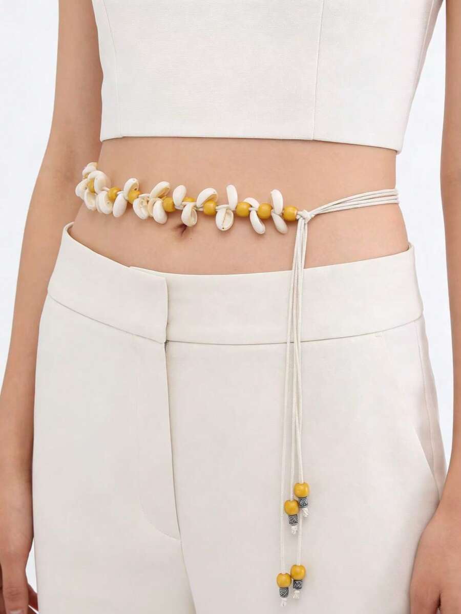 1pc Women's Boho Seashell & Wooden Bead Tassel Bowknot Decorative Waist Rope/Belt, Handmade For Beach Dress - Seashell - Colorful - View 1