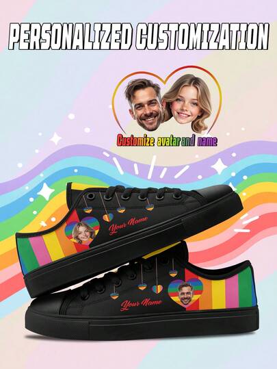 Men's Custom LGBTQ Pride Month Low Top Sneakers, Personalized Photo & Name Rainbow Striped, Plus Size Lace-Up Shoes For Couples Pride Parade Gifts