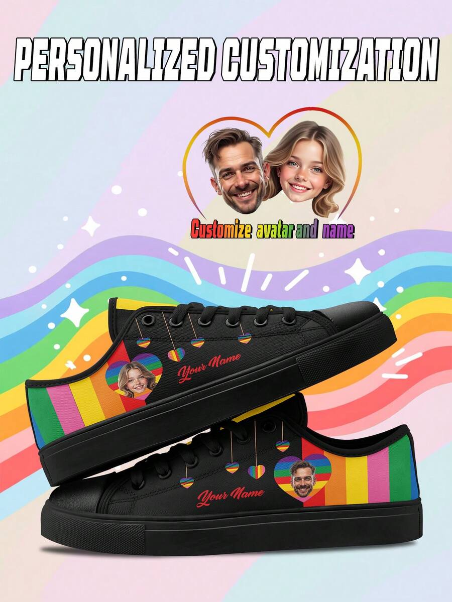 女士定制 LGBTQ骄傲月低帮运动鞋,个性化照片和名字彩虹条纹,大码系带鞋,情侣骄傲游行礼物 - 白色 - 查看 1