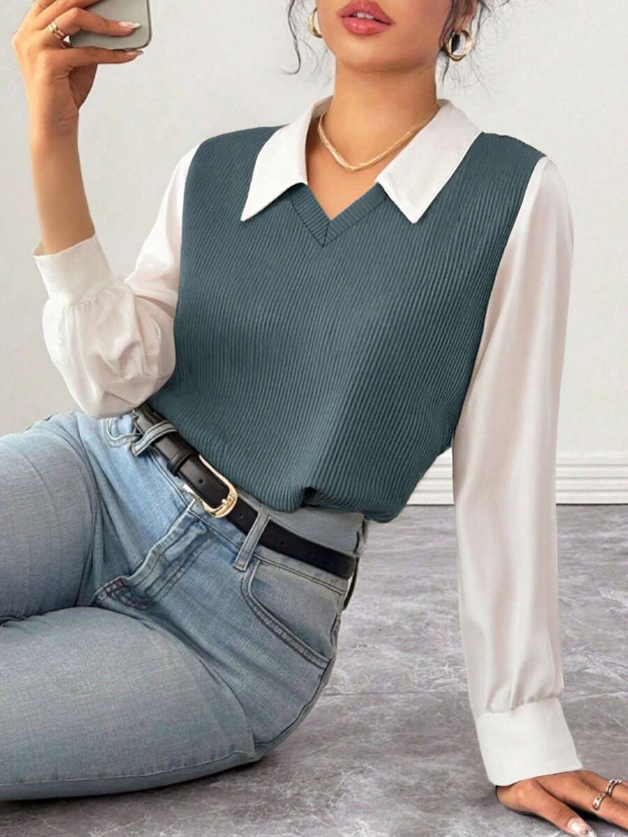 Blusa Falsa Dos Piezas con Cuello y Mangas Volantes - Estilo Preppy Versátil para Todas las Estaciones,Versión completa, estilo profesional para usar en el trabajo,DE INVIERNO! Top Corto de Manga Larga con Cuello en V, Precio Bajo ¡No Te Lo Pierdas!¡Últimas Piezas!Oferta Especial de Fin de Temporada - Azul - Ver 1