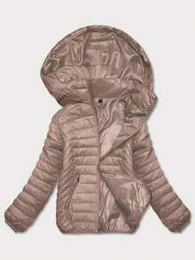 Women's Quilted Jacket With A Hood, Lightly Insulated Transitional Jacket, Detachable Hood, Zipper Closure, Finished With Elastic Trim, 2 Pockets, Straight Cut, Hip-Length, Basic, Spring/Autumn - Beige - View 3