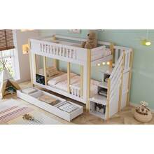 Bunk Bed, Children's Bed, Wardrobe With Ladder And Storage Function, Three Drawers With Wheels, Small Drawing Board, Pine + MDF + PB + Plywood, White + Natural, 90x200cm - 1 - View 7