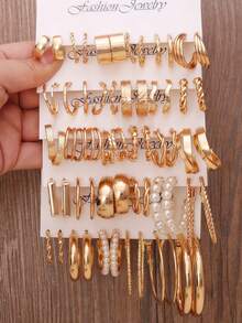 Bộ 12-60 chiếc khuyên tai kim loại mạ vàng sang trọng, không gây dị ứng, thiết kế hình học tối giản dành cho nữ, vòng lớn đính ngọc trai giả, phù hợp đeo hàng ngày, dự tiệc và đi nghỉ mát. - Vàng - Xem 14