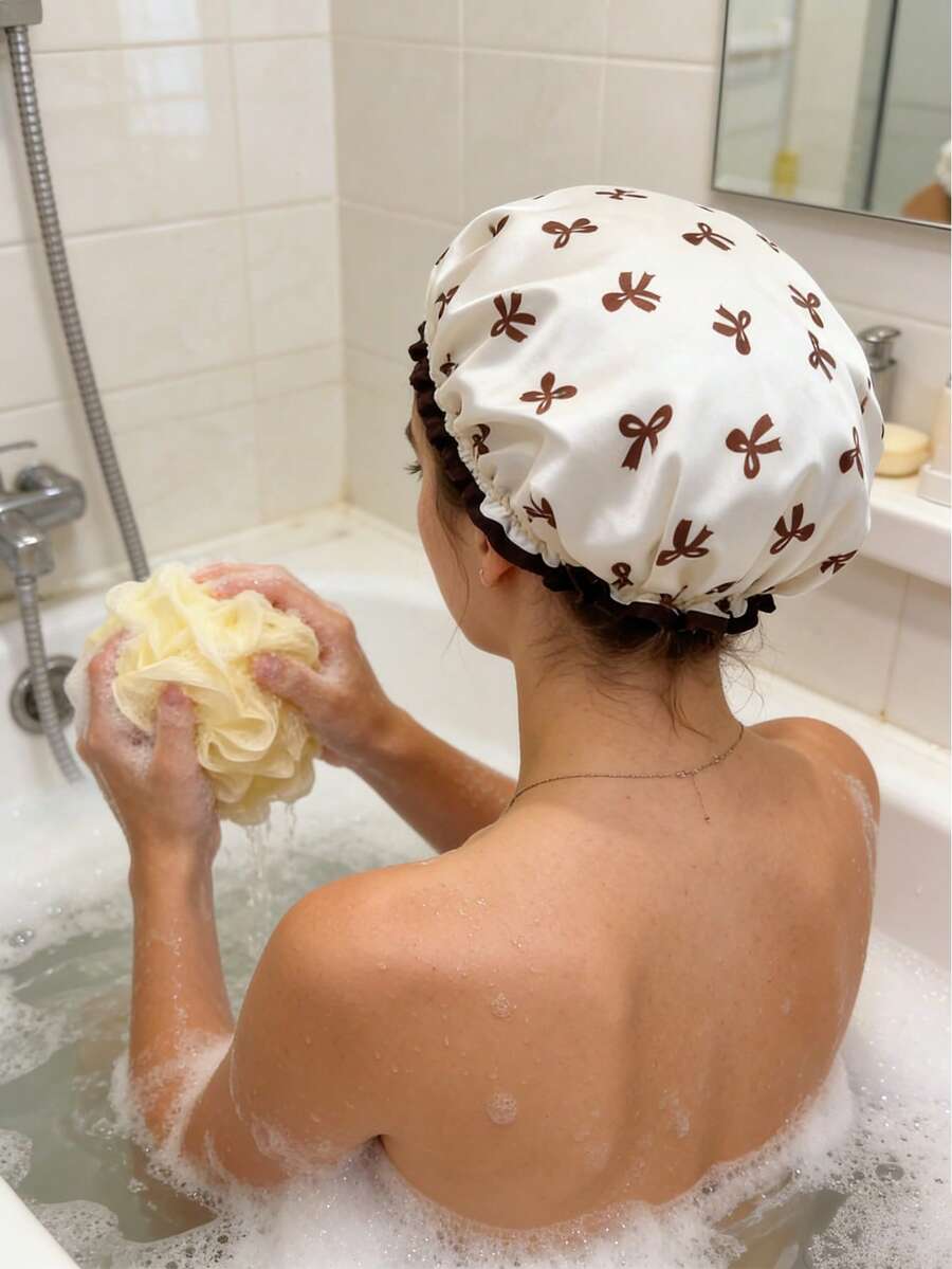 Bộ 3 món đồ dùng phòng tắm: Mũ tắm chống thấm nước, bông tắm, túi lưới đựng xà phòng, bàn chải cọ rửa, mũ tắm hai lớp, chống thấm nước dùng cho phòng tắm và nhà bếp, mũ tắm dưỡng tóc.