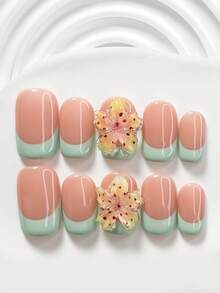 10件套春日桃花风手工美甲套装，包含凝胶美甲套装、手工五瓣花美甲装饰、薄荷绿指甲油、法式美甲套装、美甲工具（1张果冻贴纸+1把指甲锉），三种尺寸可选：方形、短方形、杏仁形，适合派对、日常佩戴、拍照、春夏通勤等场合。 - 彩色 - 查看 10