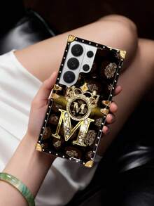 1pc Gold Letter With Crown Flat Pattern Rectangle Shockproof Phone Case, Comes With Matching Rhinestone Ring Holder Stand, Compatible With Samsung Galaxy S26 Ultra/S26/S26 Plus/S25FE/S25Ultra/S25+/S25/S24 Plus/S24/S24U/S23 Ultra/S22ULTRA/A56 5G/A36/A17/A16 And 17proamx/17/16 Promax/16/15PRO Max/15/14 Plus/15plus/14 Pro Max/13promax Models. [International Version, Not Domestic] - Black and Gold + Ring Holder - View 5