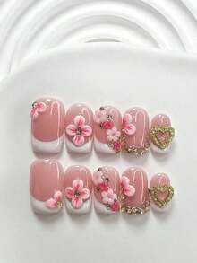 10pcs/Set Valentine's Day Handmade Nail Art Kit, Includes White Flower & Bow Decor, White & Red Gel Nails, French Polka Stickers, Heart Painting, Silver Beads Embedded, 3 Sizes Available: Almond/Square/Coffin Shape, With Set, Suitable Sweet Ladies & Girls, Valentine's Day/Party/Daily Wear Nail Supplies Handmade Press On Nails - 多色 2 - 查看 5