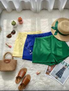 Set Of 3 Women's Tailored High-Waisted Dress Shorts, Elegant, Casual, Summer Fashion, Work, Office - 黃/藍/綠 - 查看 1