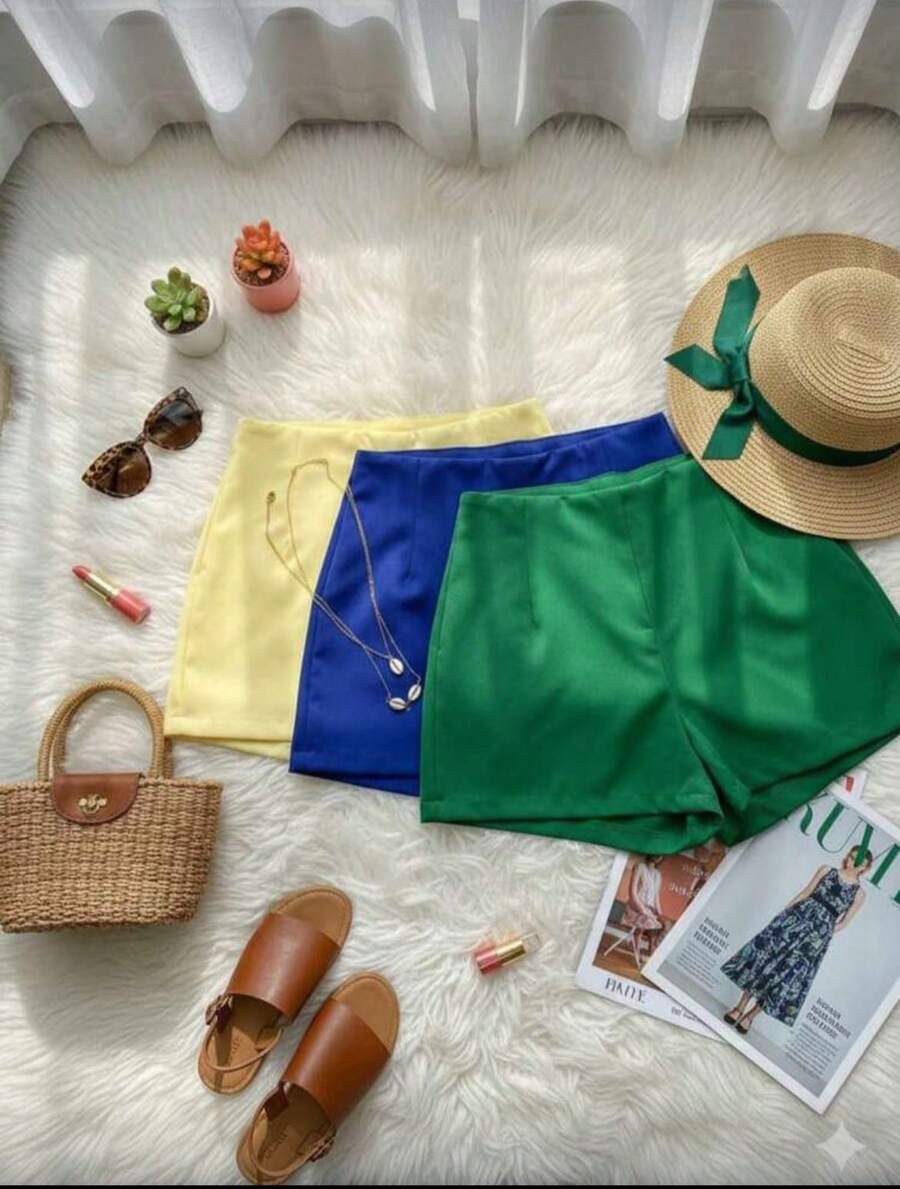 Set Of 3 Women's Tailored High-Waisted Dress Shorts, Elegant, Casual, Summer Fashion, Work, Office - 黃/藍/綠 - 查看 1