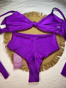 Trilobal Sport Bikini Set With Knot Top And Hot Pant Bottoms – Comfort And Style For Summer - Purple - View 1