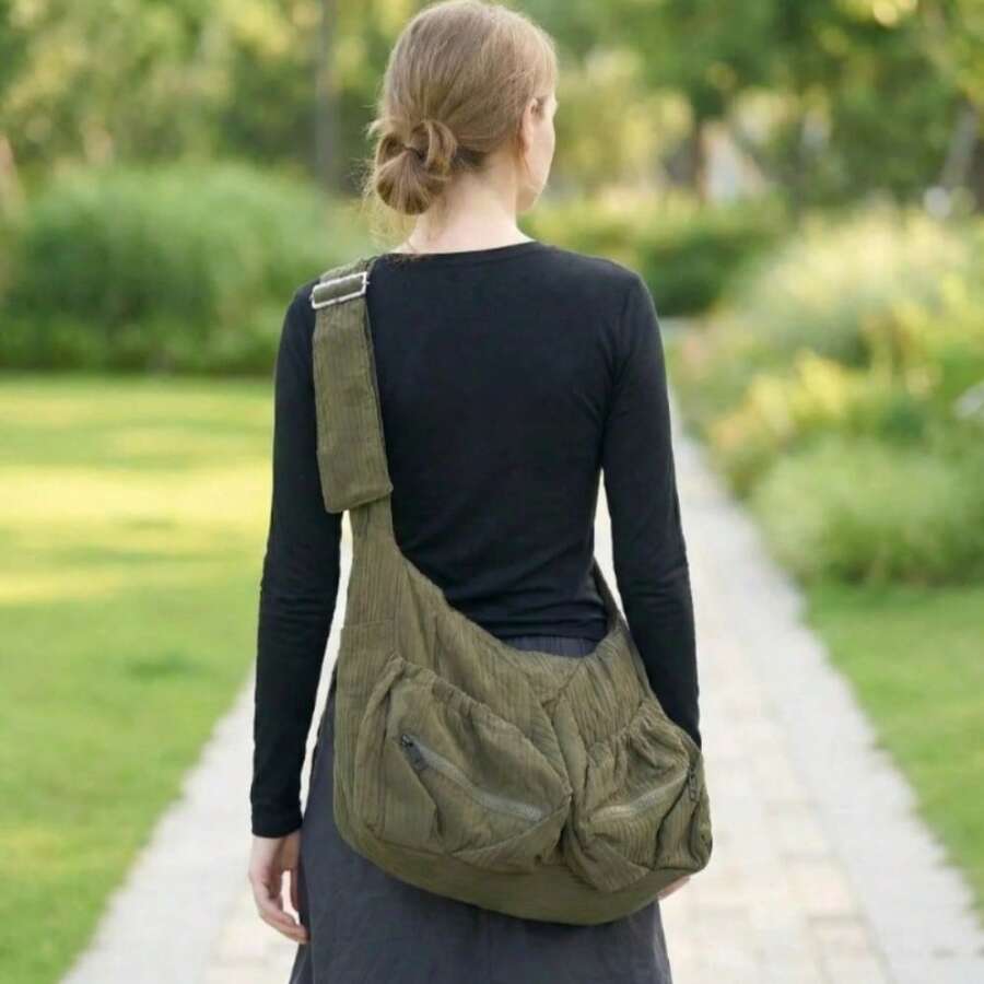 Ladies' Fashionable Multi Pocket Zipper Crossbody Bag, Casual Minimalist Quilted Shoulder Bag, Large Capacity Solid Color Handbag - Green - View 1