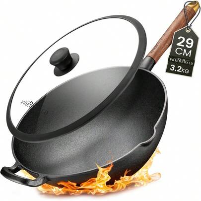 Friedewald ®   Gusseisen Wok mit Deckel - induktionsgeeignet - 33cm 5L / für 4-6 Personen - alle Herdarten - massive große Grill & Bratpfanne - Anti-Haft Beschichtung - hoher Rand - Schmorpfanne E9ZM