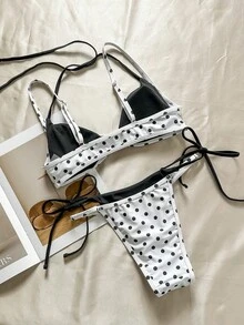 Women's Retro Polka Dot And Striped Bikini Swimsuit, Casual And Fashionable For Vacation, Music Festivals, Cup Races, Kentucky Derby, Summer Beach. - 黑色 - 查看 4