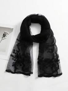 1pc Women's Solid Color Embroidered Floral Hijab Scarf, Contrast Color Floral Embroidery Elegant Fan-Shaped Embroidered Edge, Lightweight Breathable Soft Style, Multifunctional Headscarf, Suitable For Daily Use As Scarf, Waistband, Shawl, Wedding Veil - Multicolor Wavy Edge Embroidery - View 16
