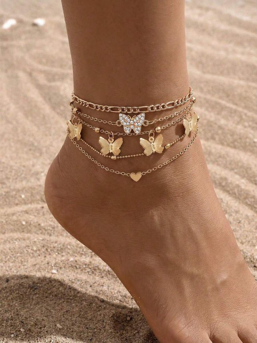 Set de 4 piezas de tobillera con cuentas con diseño de mariposa y cadenas en forma de corazón, adecuado para uso diario, vacaciones, fiestas, regalo para amigas y novias - Amarillo Oro - Ver 1