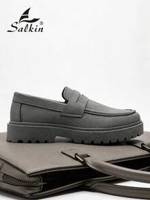 Salkin 奢华男士平底便士乐福鞋，纯色仿麂皮休闲鞋，柔软舒适，防滑鞋底，时尚优雅的绅士鞋，适合商务、正式场合、婚礼、春夏秋季穿着。尺码偏大，建议选购小一码。 - 灰色 - 查看 11