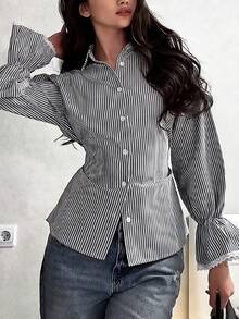Áo sơ mi nữ thanh lịch, áo kiểu dáng thường ngày kẻ sọc dệt kim cài cúc phía trước với dây buộc phía sau và bèo nhún, phong cách tối giản sang trọng cho công sở mùa xuân - Nhiều màu - Xem 3