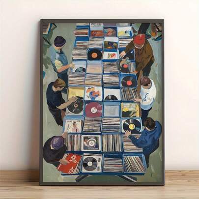 Pôster vintage de loja de discos - Impressão artística retrô com discos de vinil e capas de álbuns, decoração de parede moderna e boêmia marroquina para sala de estar, quarto, café, escritório - Presente para amantes da música, decoração de parede musical, decoração de café, 2D plano, perfeito para decoração de quarto, sala de estar
