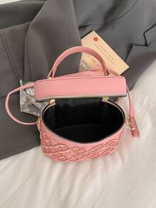 Women's Handbag, Fashionable Rhombus Embroidered Bag, Zipper Flap Cosmetic Bag, Stylish Versatile Small Shoulder Bag - Pink - View 7