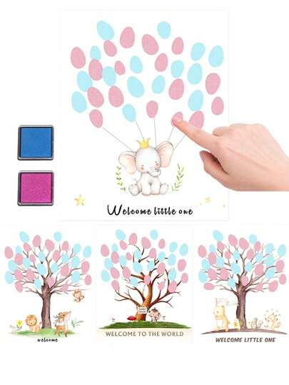 Baby Shower Fingerprint Tree Guest Book Alternative, Gender Reveal Fingerprint Sign Poster With Ink Pads, Welcome Little One Baby Shower Decorations, Baby Keepsake Wall Art