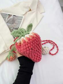 1pc Handmade Colorful Knitted Strawberry Drawstring Crossbody Bag, & Cute Strawberry Purse Valentines - 粉色 - 查看 1