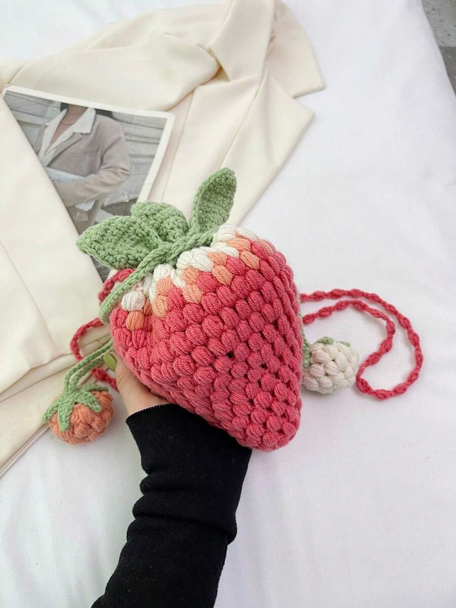 1pc Handmade Colorful Knitted Strawberry Drawstring Crossbody Bag, & Cute Strawberry Purse Valentines - 粉色 - 查看 1
