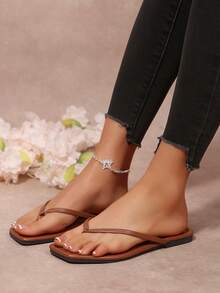 2026 Summer New Square Toe Flip Flops For Women, Minimalist Thin Strap Flat Sandals, Versatile Beach Holiday Slippers - Brown - View 5