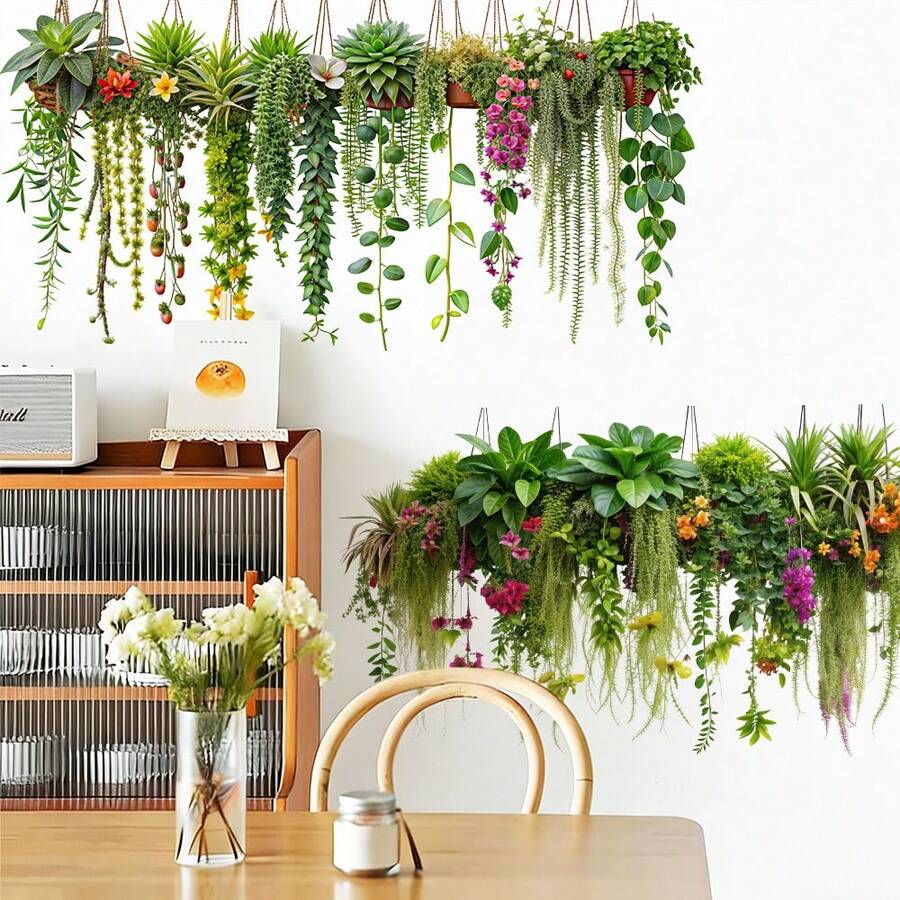 1件绿色垂蔓墙贴，热带植物和多肉植物设计，可重复使用的乙烯基贴纸，易于粘贴，适用于客厅、走廊和玄关的墙面装饰。 - 多色 - 查看 1