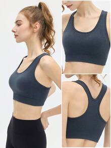 Leorrey 1pc Women's Fashion Round Neck Backless Cropped Ribbed Elastic Hem Cute & Sexy Soft Comfortable Sports Bra - Grey - View 7