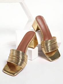 法式极简风！方头细带高跟凉鞋，女士夏季穆勒拖鞋 - 金色 - 查看 5