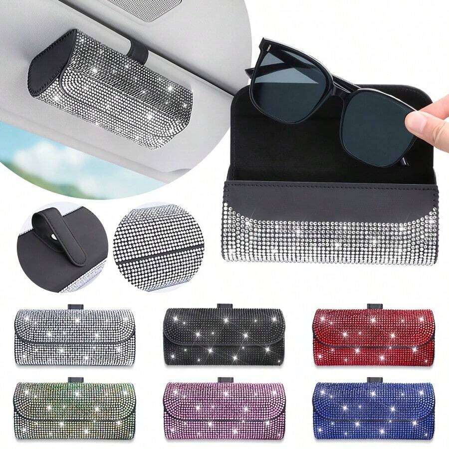 Sparkling Car Sun Visor Glasses Box, Luxury Rhinestone Glasses Case, Sun Visor Storage Bag, Faux Leather Fashion Glasses Storage Box, Multi-Function Sun Visor Storage Bag, Suitable For Women - A - View 1