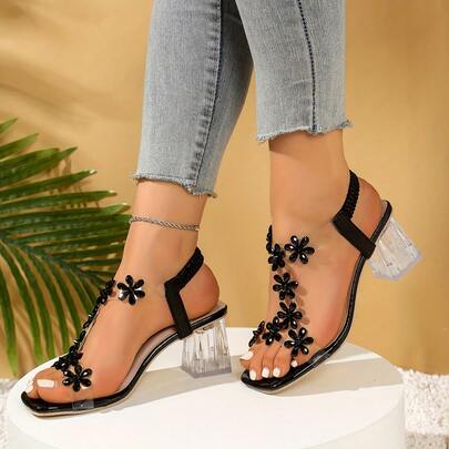 2026 New Flower Crystal Transparent Chunky Heel Sandals, T-Strap Open Toe Summer Shoes (Silver/Black), Beach PU Leather Floral, Spring/Summer/Autumn