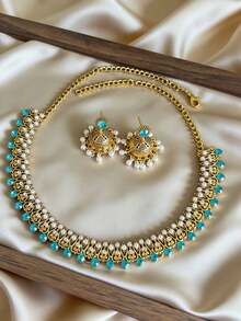 Bộ trang sức 3 món sang trọng đính ngọc trai giả, gồm vòng cổ choker pha lê nhiều màu sắc và bông tai mặt dây chuyền tua rua, thích hợp cho phụ nữ dự tiệc, cưới hoặc mặc hàng ngày. - Mặt dây chuyền ngọc trai - Xem 1